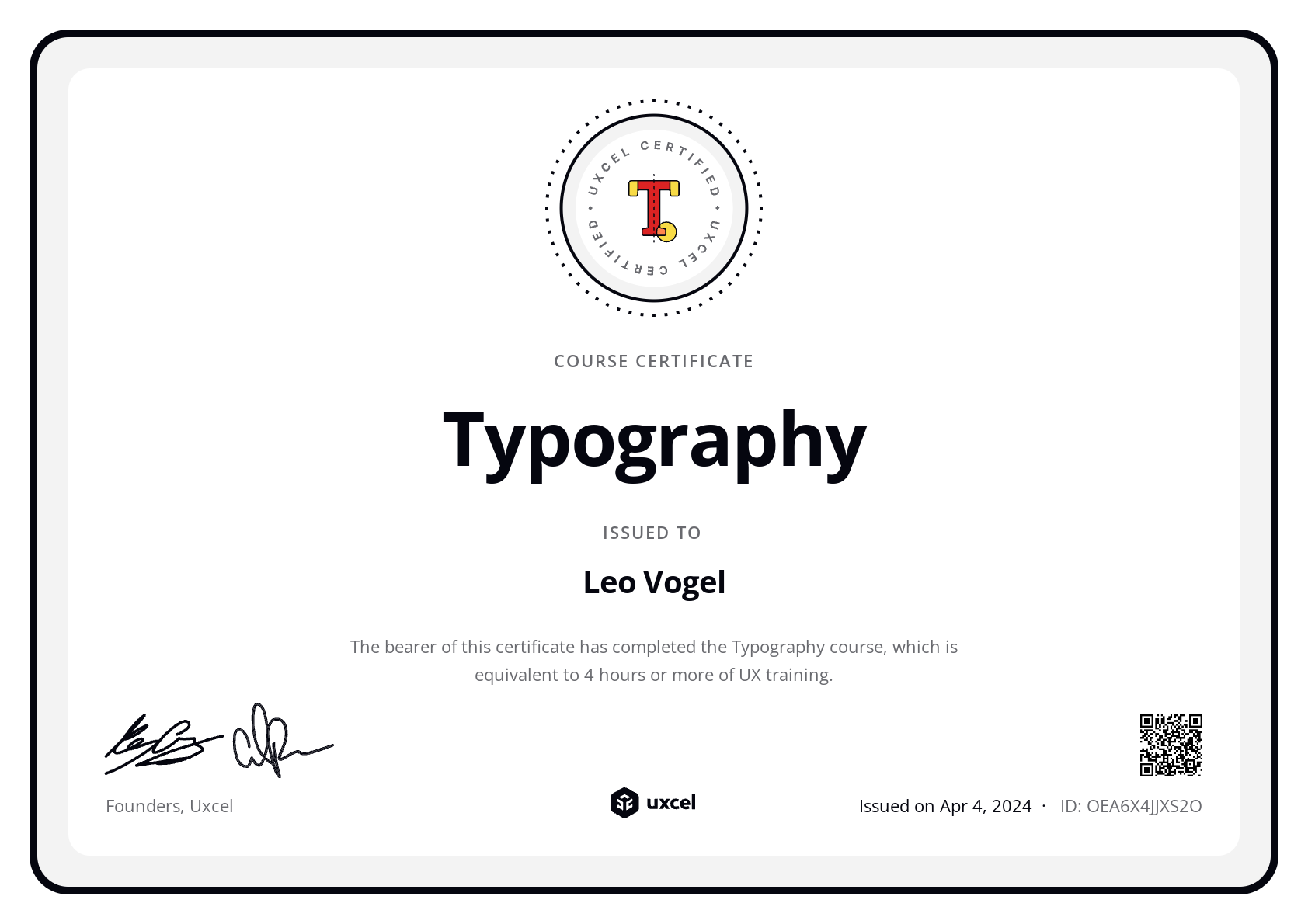 Leo Vogel's certificate